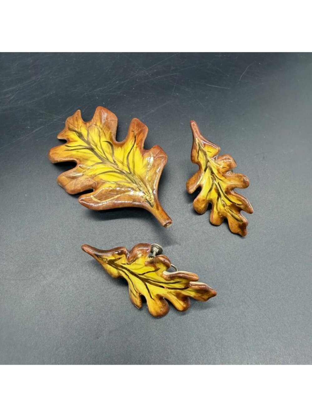 Vintage Oak Leaf Brooch Screw Back Earrings Jewelry Set Yellow Brown Fall Autumn